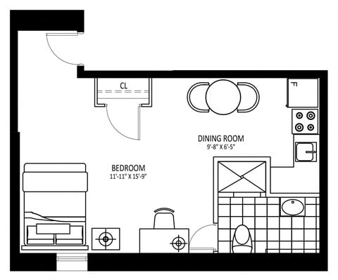 Floor plan for studio, 1 bath, 424 sqft